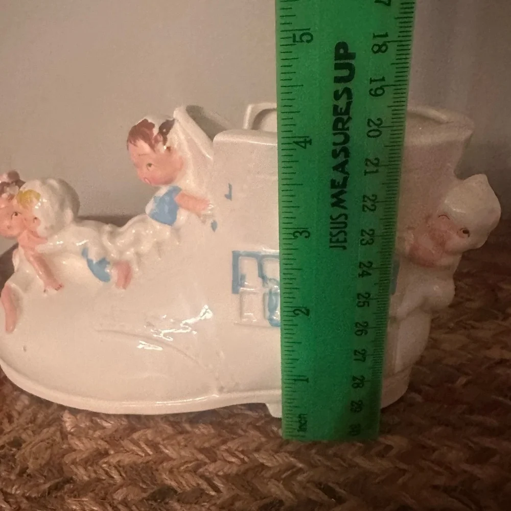 Vintage White Ceramic Baby Shoe with Pink and Blue Accents - Vintage